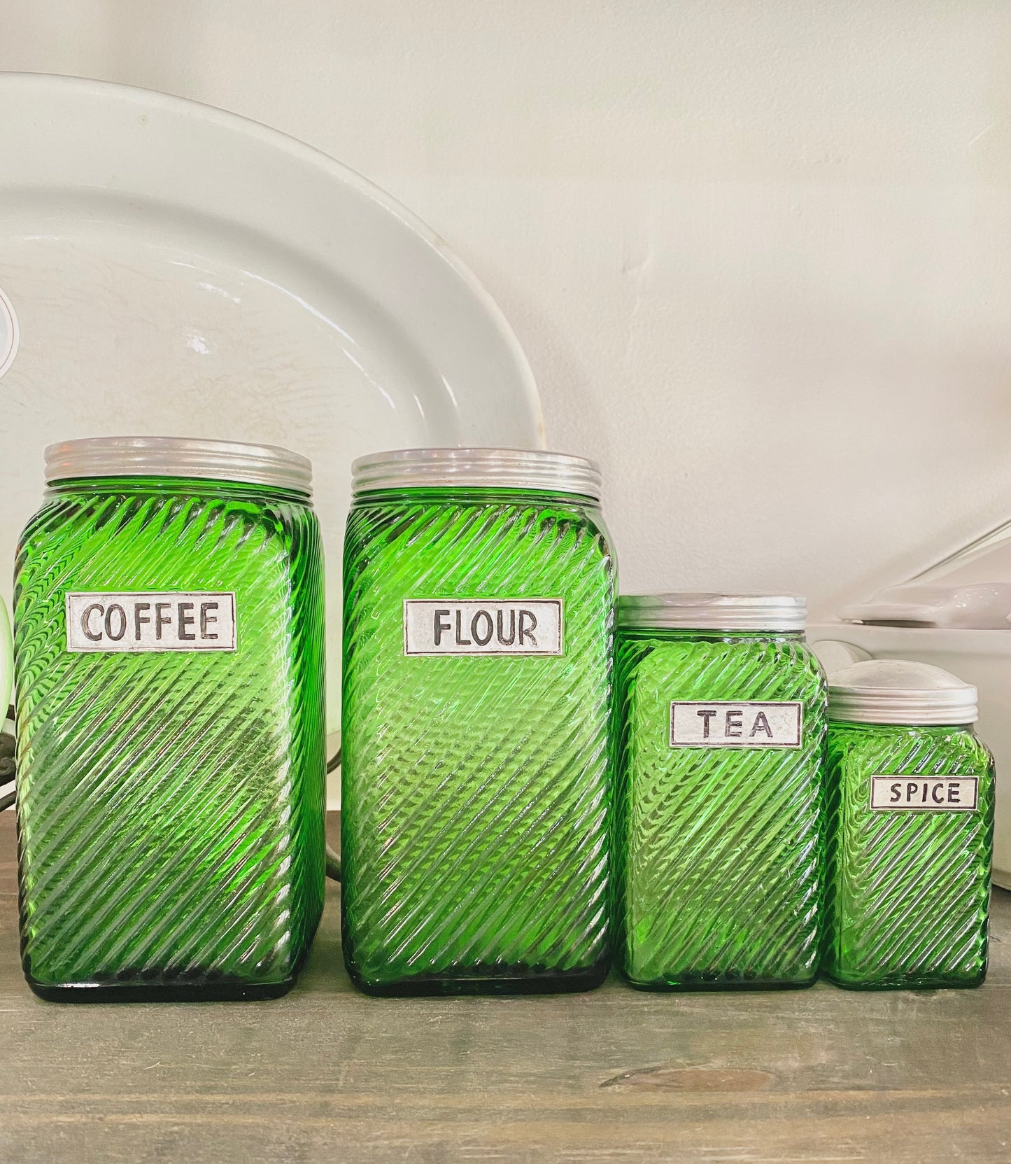 4 Piece Green Depression Ware Canister Set